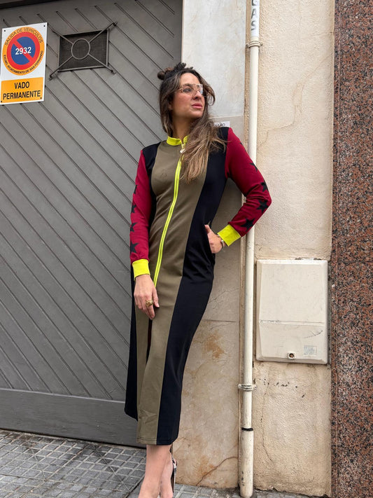 Vestido INDOMABLE verde cacería / burdeos